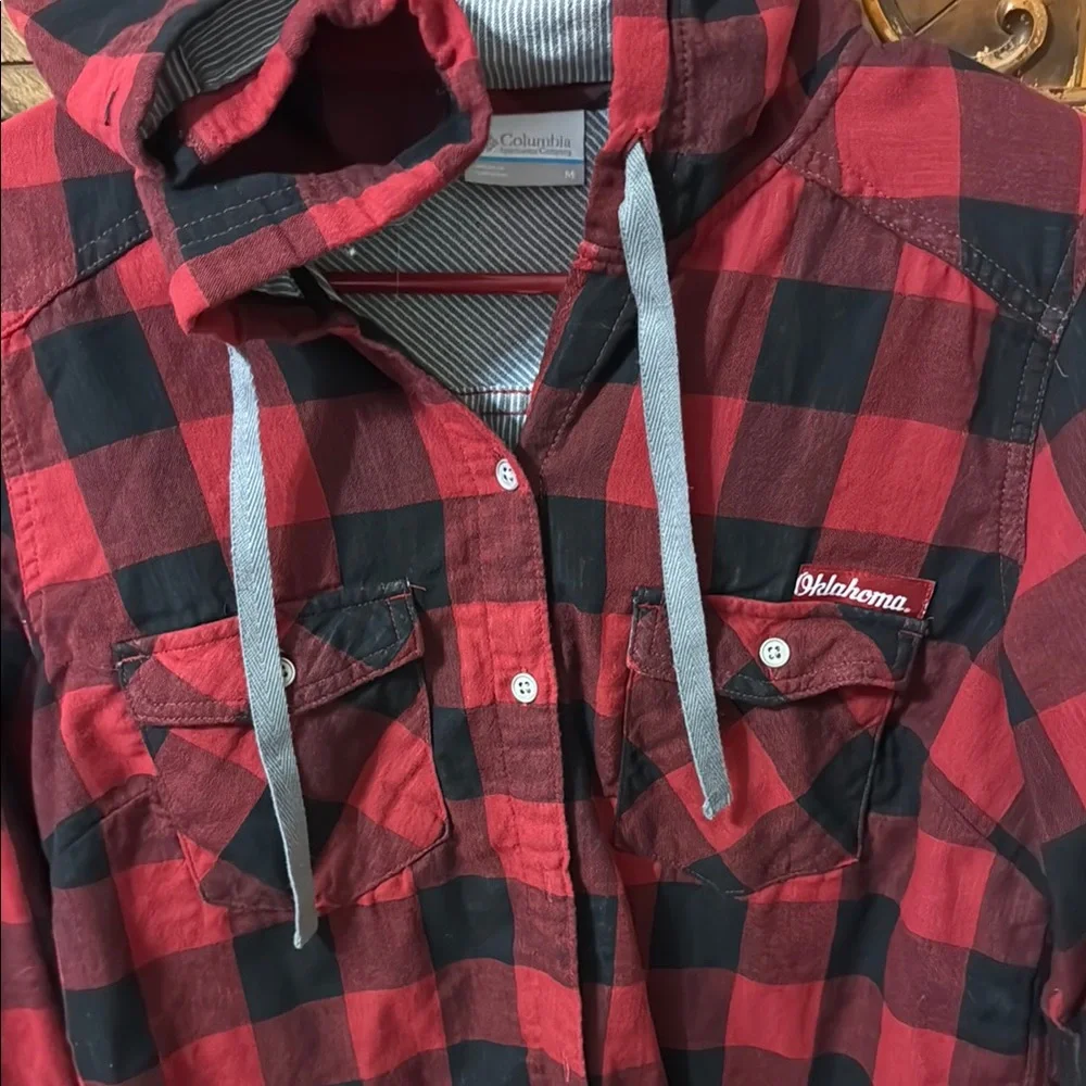 Columbia Red and Black Plaid Hooded Shirt Oklahoma University Size Medium - Picture 2 of 5